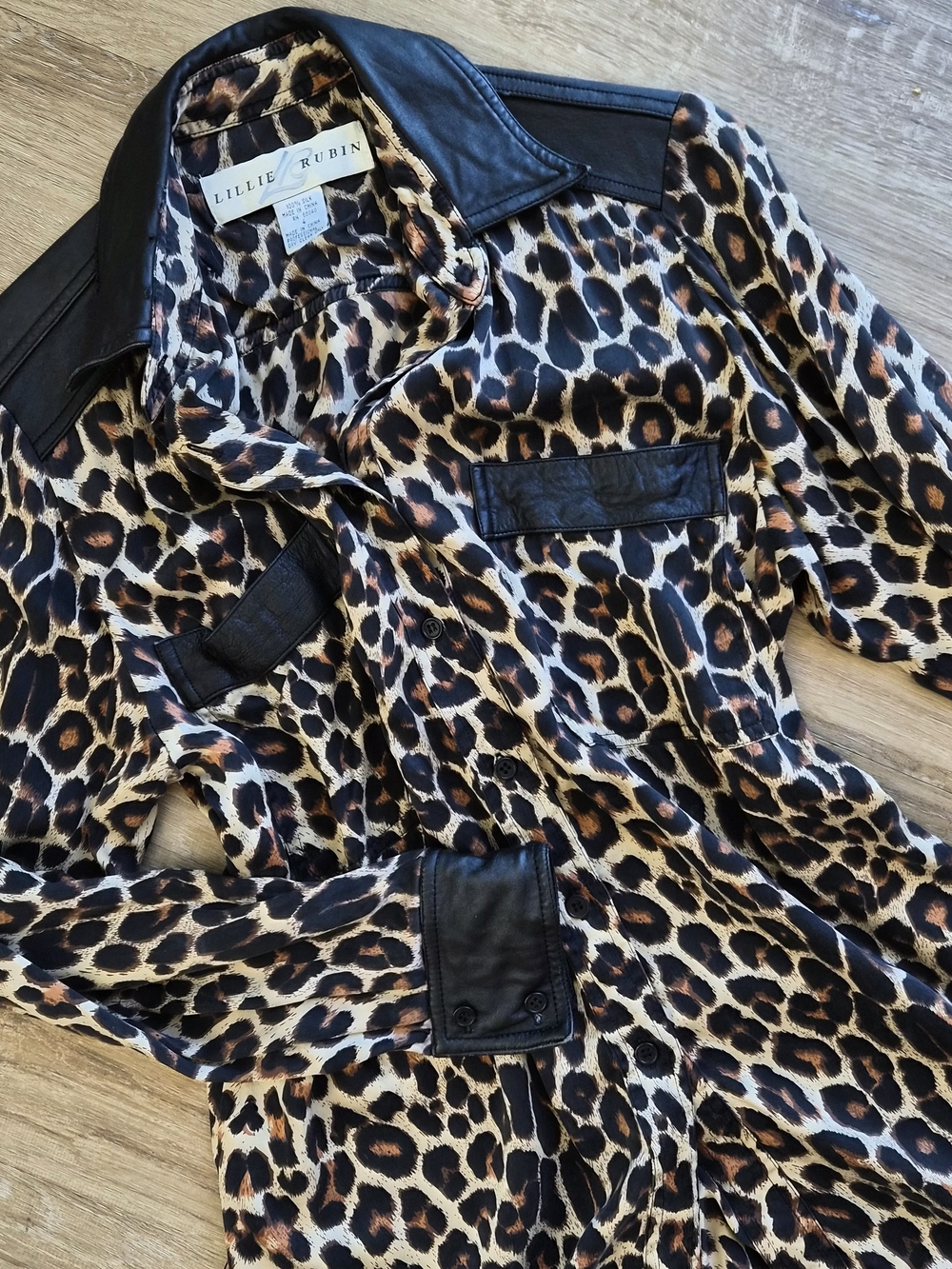Lillie Rubin 100% Silk Women's Leopard Print Shirt Blouse w/ Leather Trim